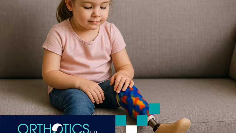 A little girl with a prosthetic leg is sitting on a couch