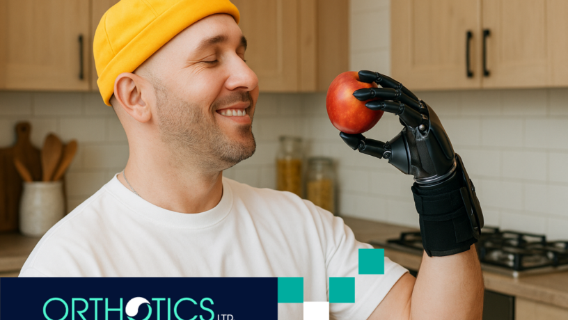 A man with an upper limb prosthetic is holding an apple