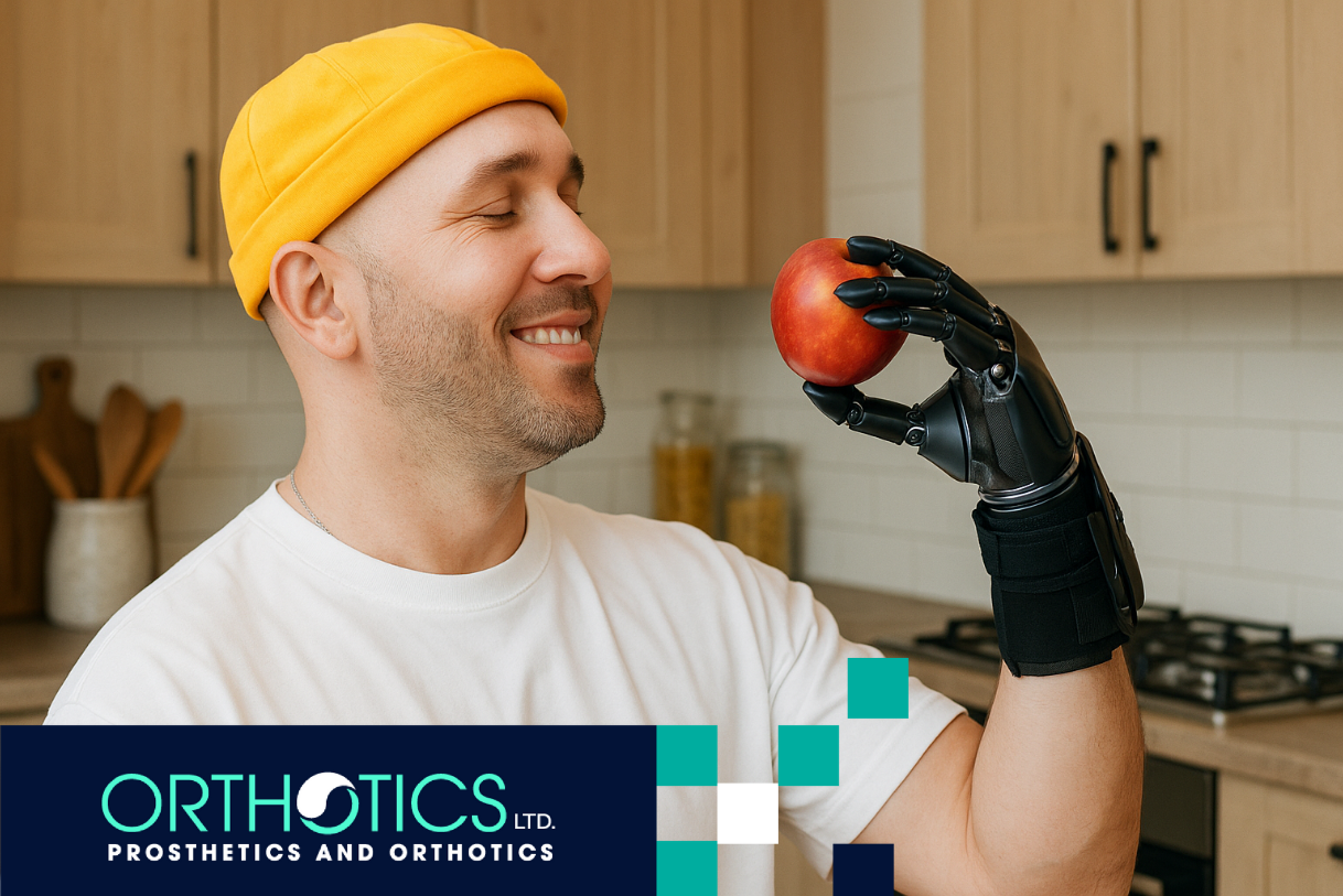A man with an upper limb prosthetic is holding an apple