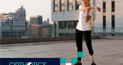 An amputee wearing prosthetic doing outdoor stretches