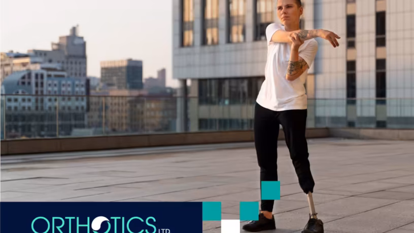 An amputee wearing prosthetic doing outdoor stretches