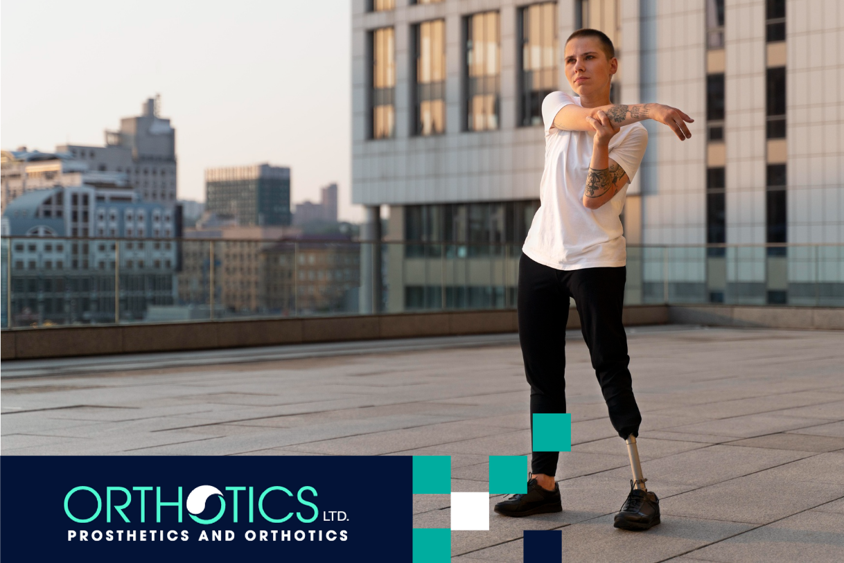 An amputee wearing prosthetic doing outdoor stretches