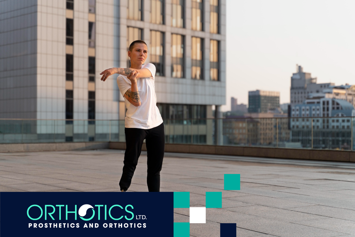 An amputee with a prosthetic leg stretching out