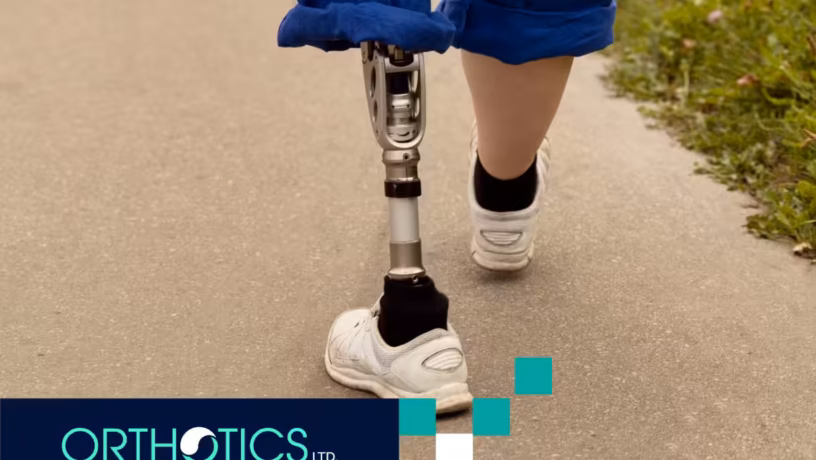 An amputee wearing a prosthetic walking outdoors