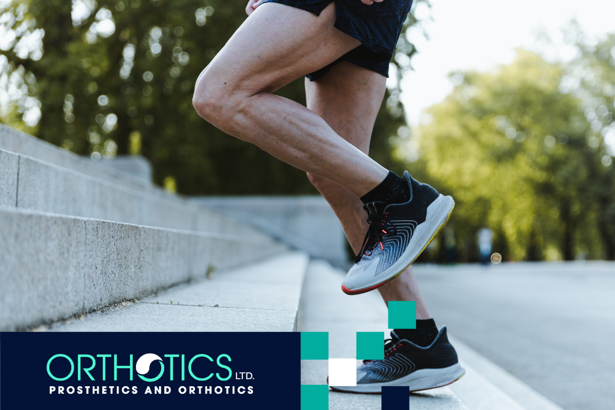 A runner wearing orthotics running up the stairs