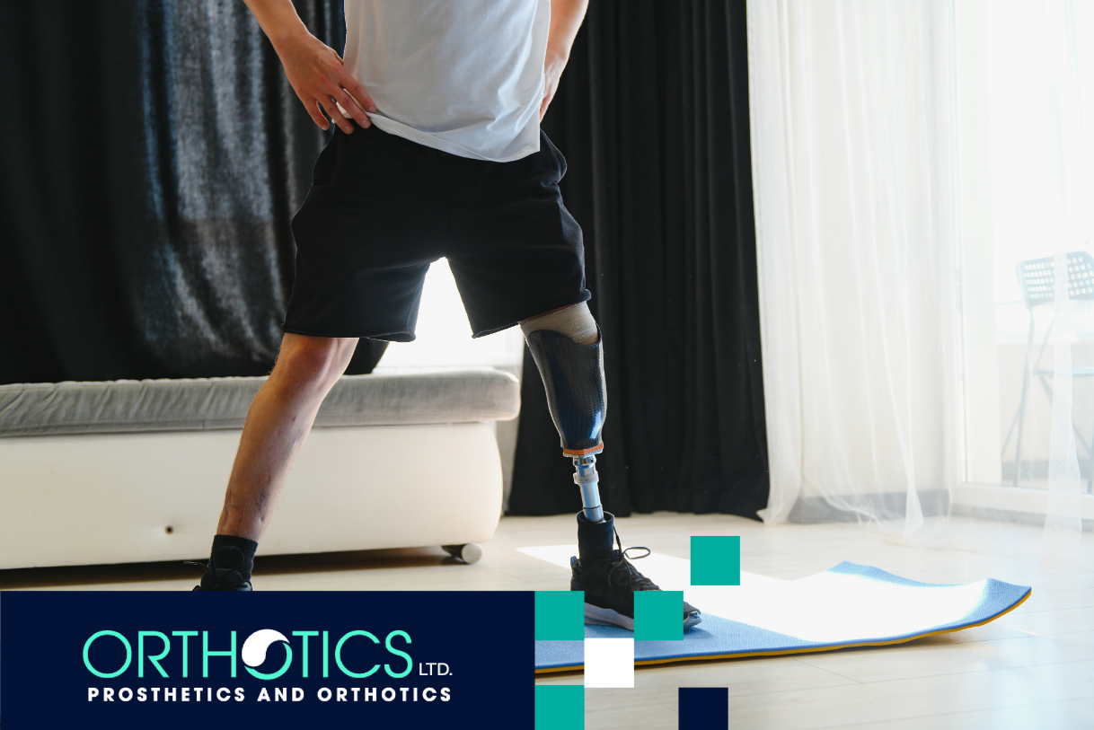 An amputee wearing a prosthetic limb is doing physical therapy