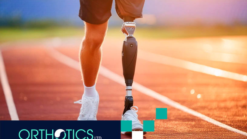 A runner is running in a track wearing prosthetics