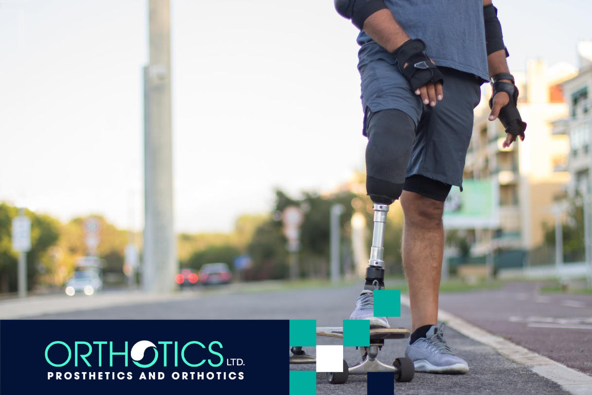 An amputee wearing a prosthetic leg skating outdoors