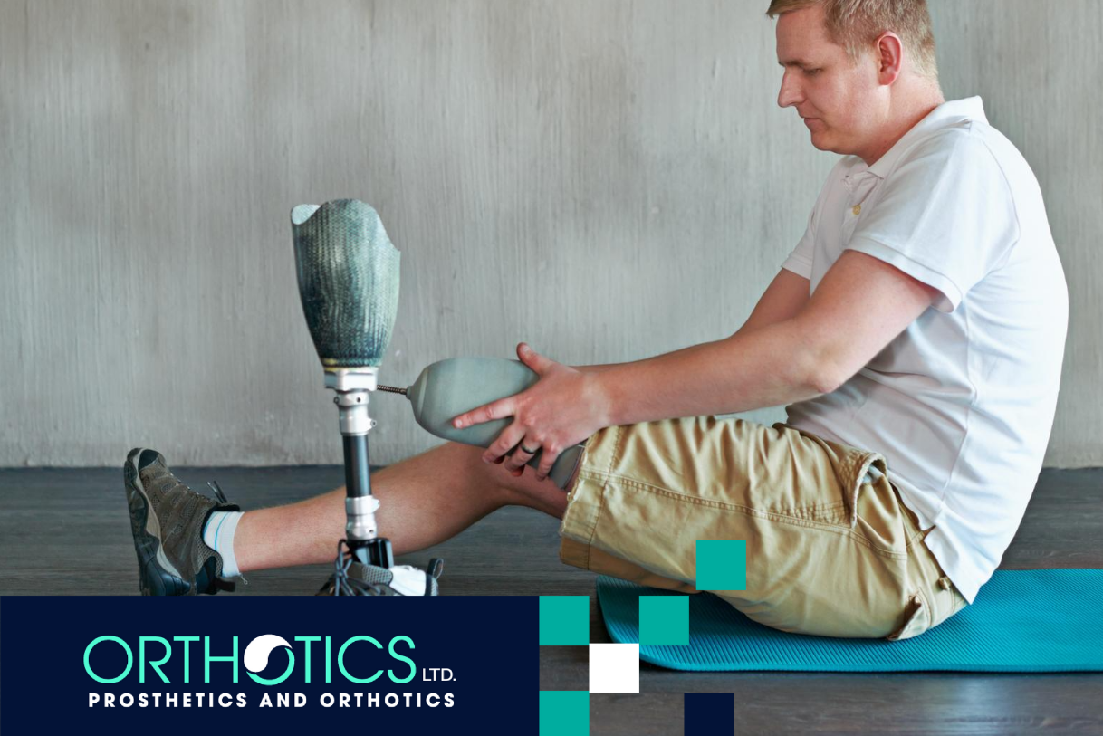 An amputee wearing prosthetics doing home exercise
