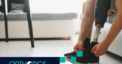 An amputee wearing prosthetic fixing his shoelace