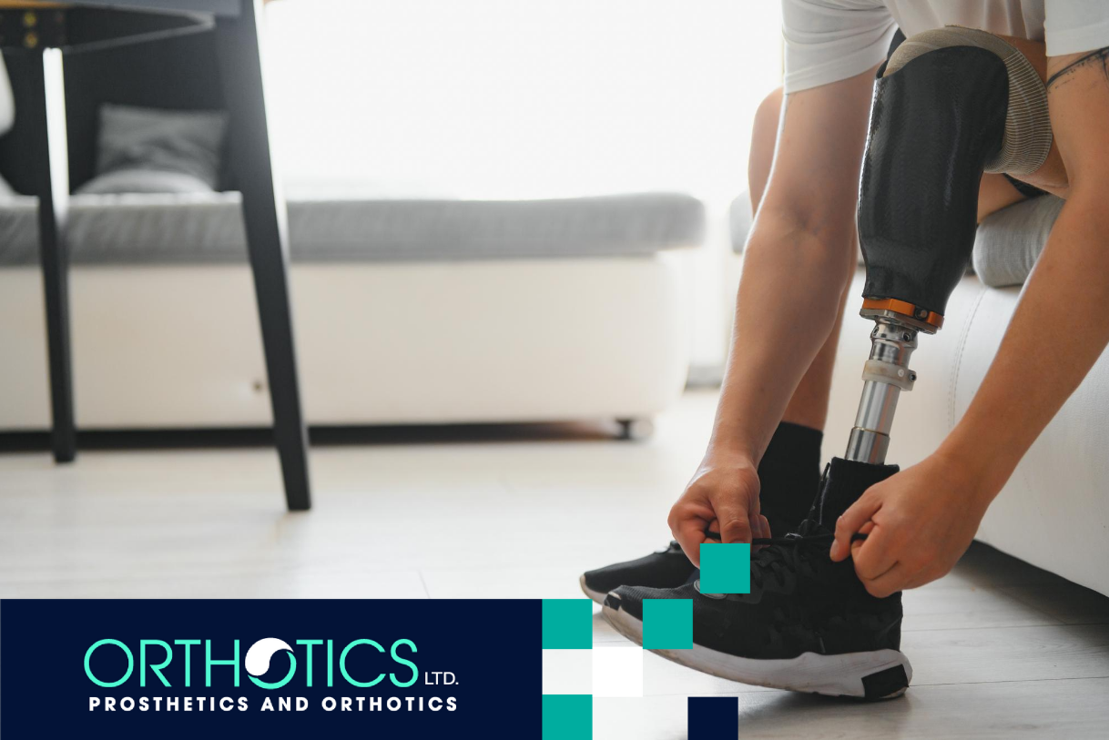 An amputee wearing prosthetic fixing his shoelace