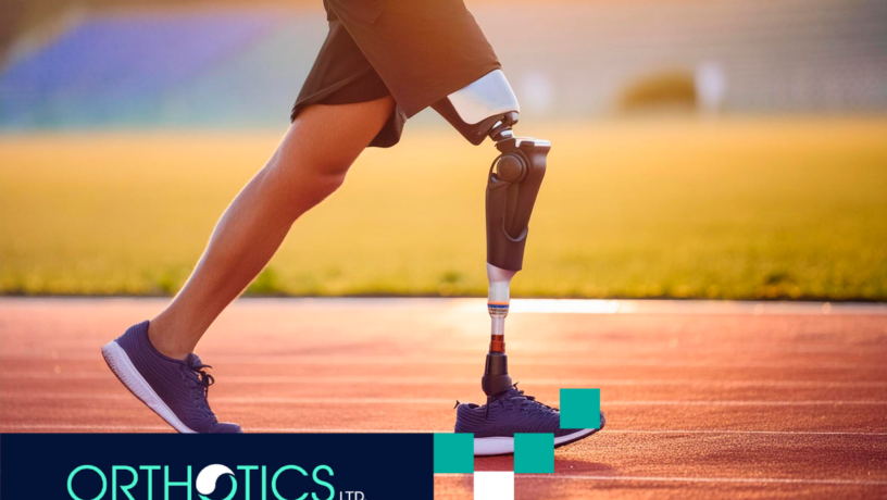 An amputee wearing prosthetics running in a track field