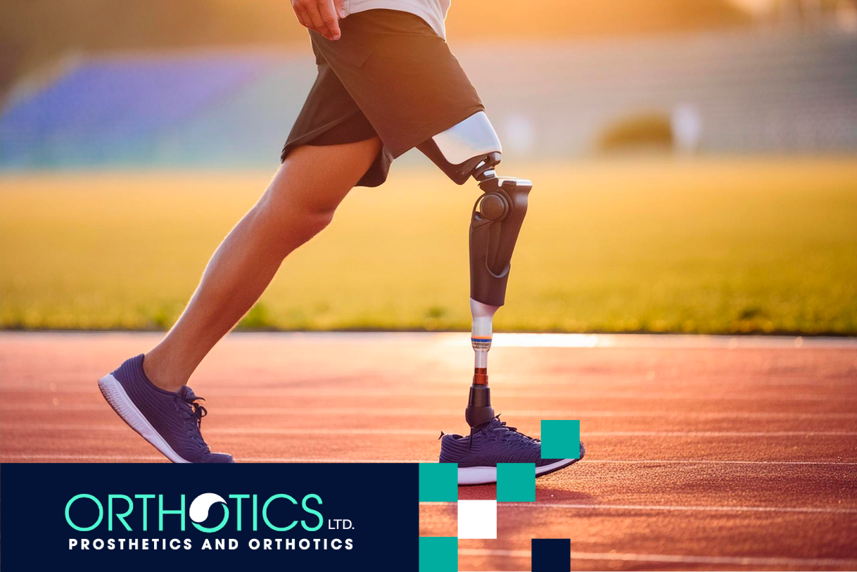 An amputee wearing prosthetics running in a track field