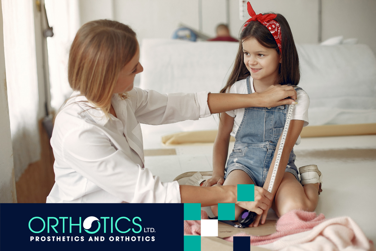 A prosthetist measuring a girl's arm using tape measure