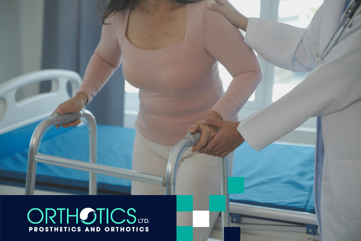 An amputee with a large body type is walking using a walker assisted by a doctor