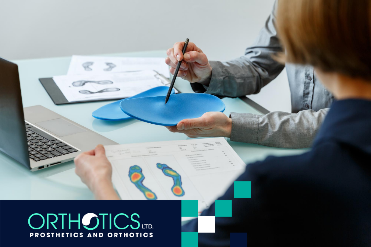 A prosthetist showing an orthotic to a patient