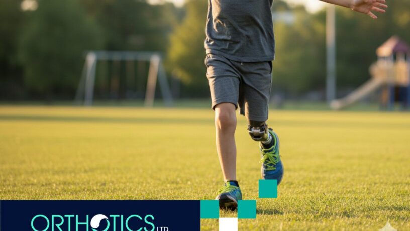 A child wearing a prosthetic limb running in a field