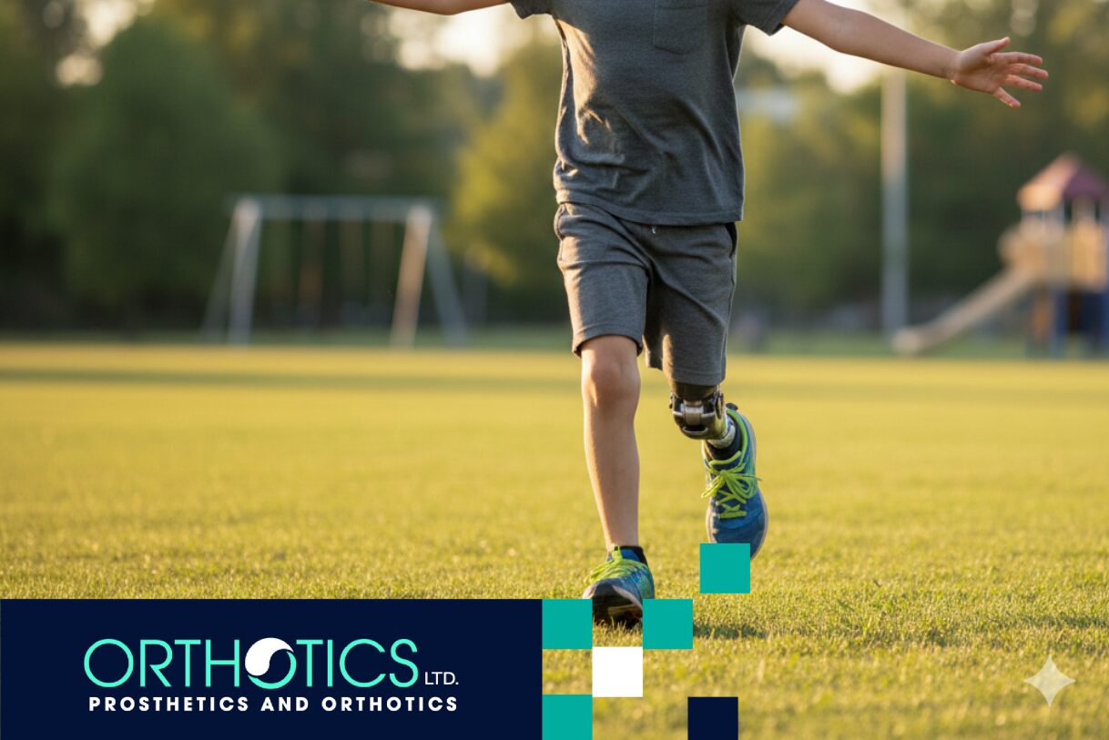 A child wearing a prosthetic limb running in a field