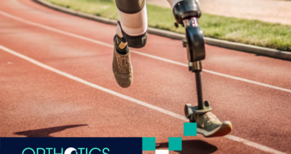 An athlete wearing prosthetics running in a track