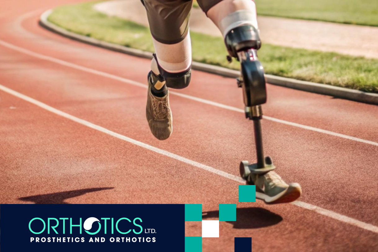 An athlete wearing prosthetics running in a track