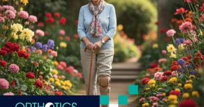 A senior wearing an orthotic device walking in a garden using a cane