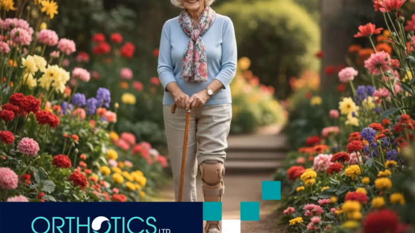 A senior wearing an orthotic device walking in a garden using a cane
