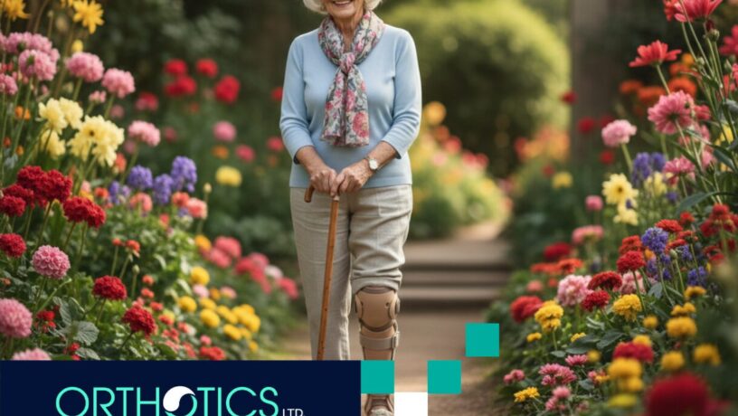 A senior wearing an orthotic device walking in a garden using a cane