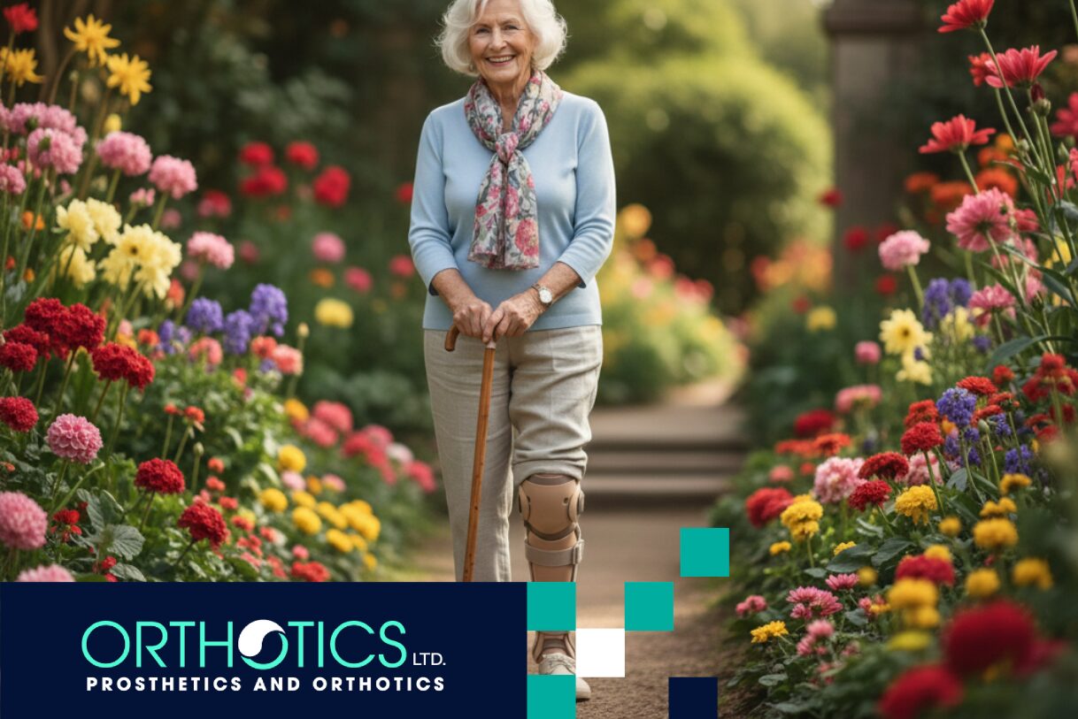 A senior wearing an orthotic device walking in a garden using a cane