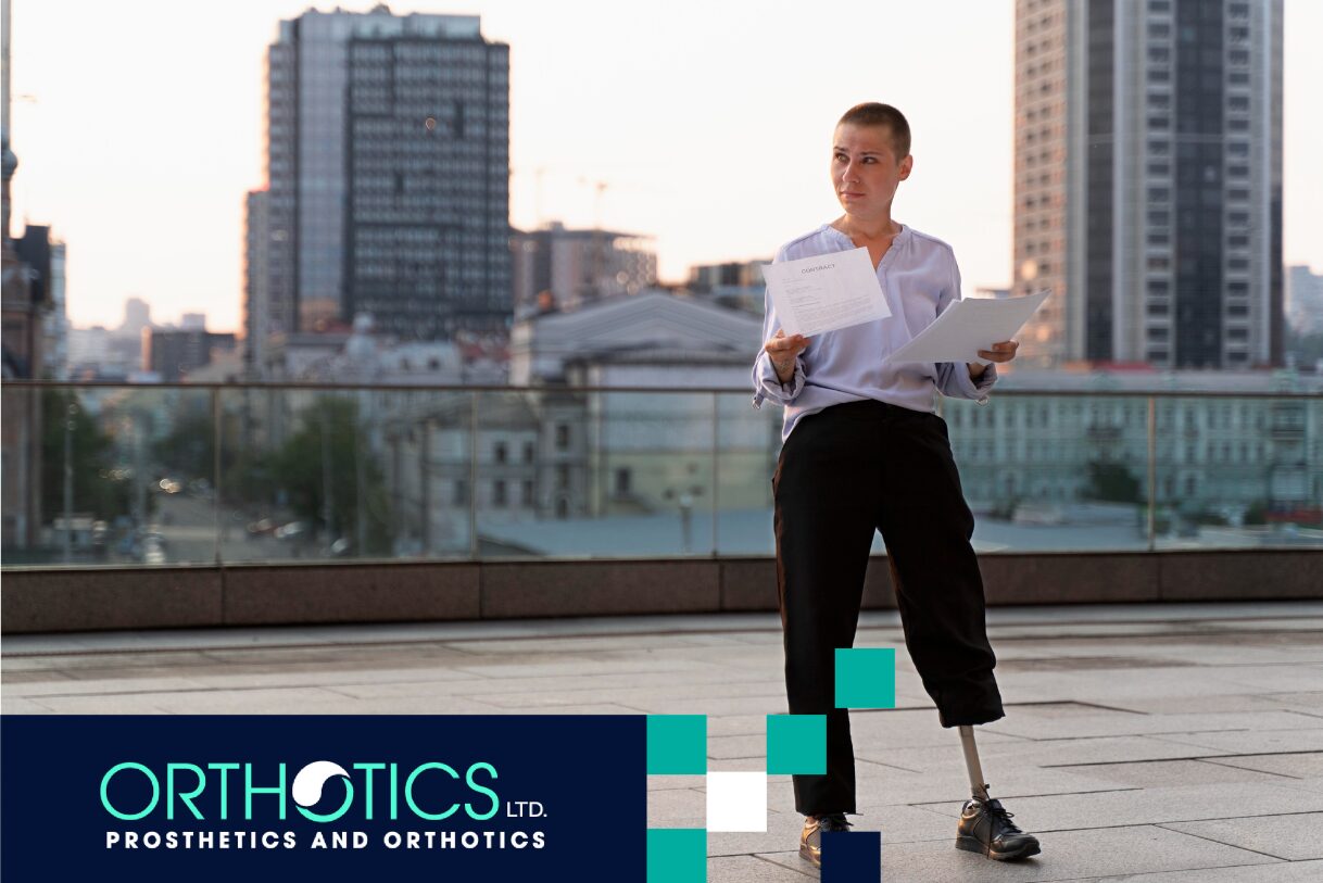 An employee wearing prosthesis reading some paperworks