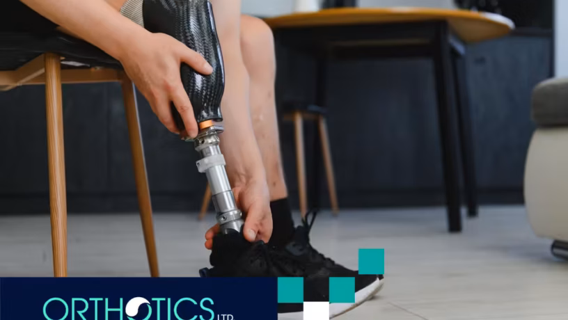 An amputee fitting his prosthetic limb