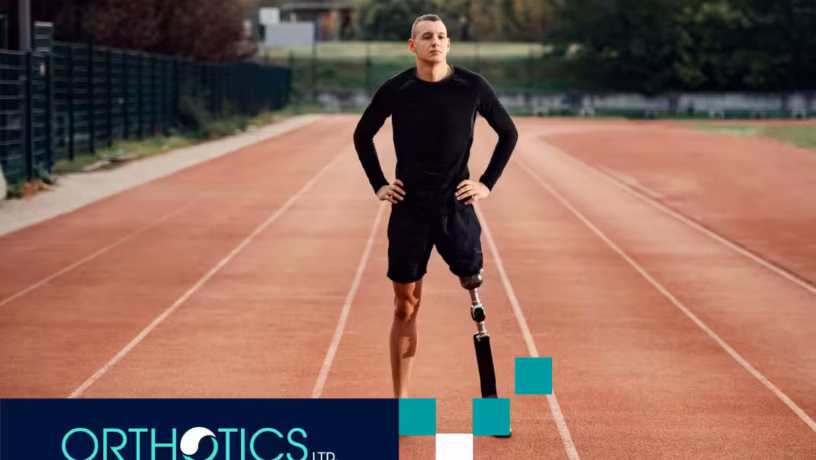 An athlete wearing prosthetic standing in a track