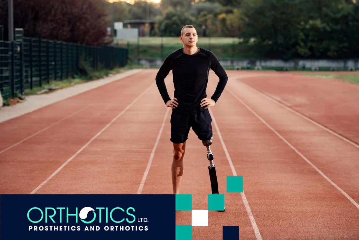 An athlete wearing prosthetic standing in a track