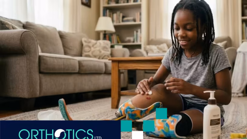 A kid wearing prosthetics doing skin care