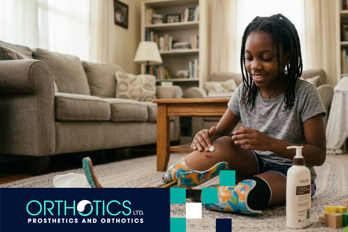 A kid wearing prosthetics doing skin care