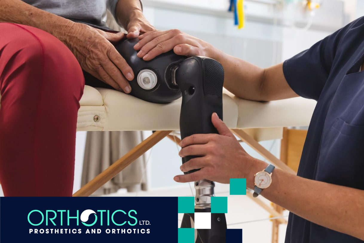 A prosthetist checking an amputees prosthesis during an annual prosthetic checkup