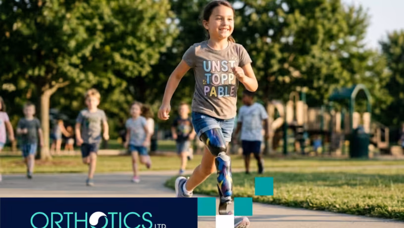 A kid wearing prosthesis running outdoors