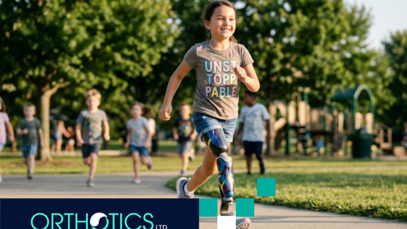 A kid wearing prosthesis running outdoors