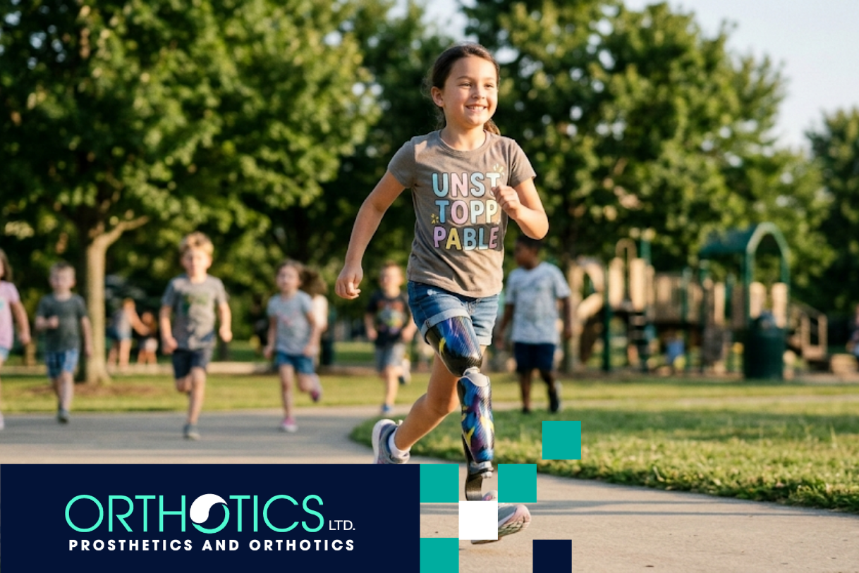 A kid wearing prosthesis running outdoors