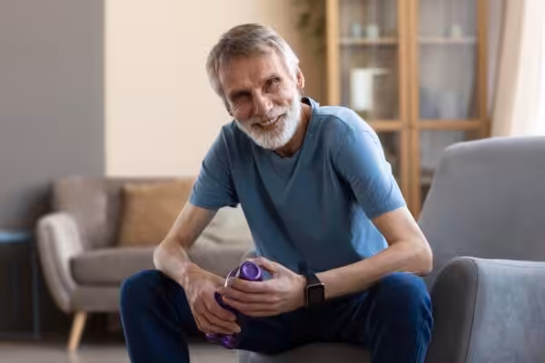 A stroke survivor sitting on a couch