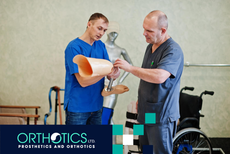 Two prosthetist men holding a prosthetic leg